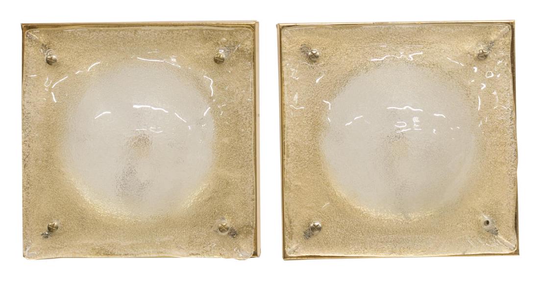 (2) MID-CENTURY MURANO ART GLASS WALL SCONCES: (pair) Italian Murano art glass wall sconces, having art glass shade, (one) concealing a single light, (one) concealing two lights, on gilt metal backing plate, in need of wiring, approx 12"h, 12"w; 9