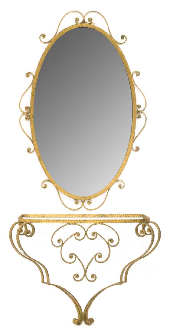 (2) PIER LUIGI COLLI GILT MIRROR & CONSOLE TABLE: (lot of 2) Italian modern mirror and console table, c. 1930s-1940s, design attributed to Pier Luigi Colli (Italy, 1895-1968), mirror having scrolled gilt metal frame, centering flat mirror plate, over