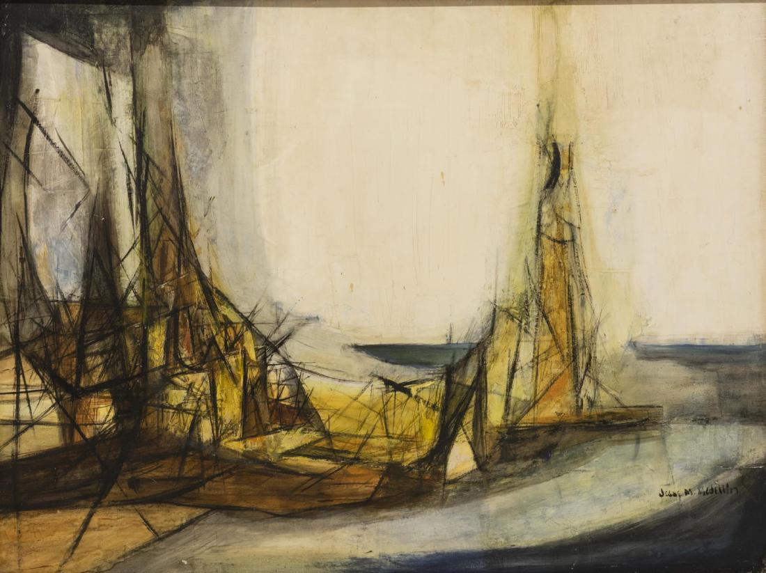 JOSE JESSE MEDELLIN (D.1997) SAILBOAT OIL PAINTING: Framed oil on masonite painting, Sailboats, signed lower right Jesse M. Medellin (Jose Jesse Medellin, Texas, 1921-1997), sight: approx 25"h, 35.5"w, overall: approx 26.75"h, 37.25"w, 9.75lbs **Note: 