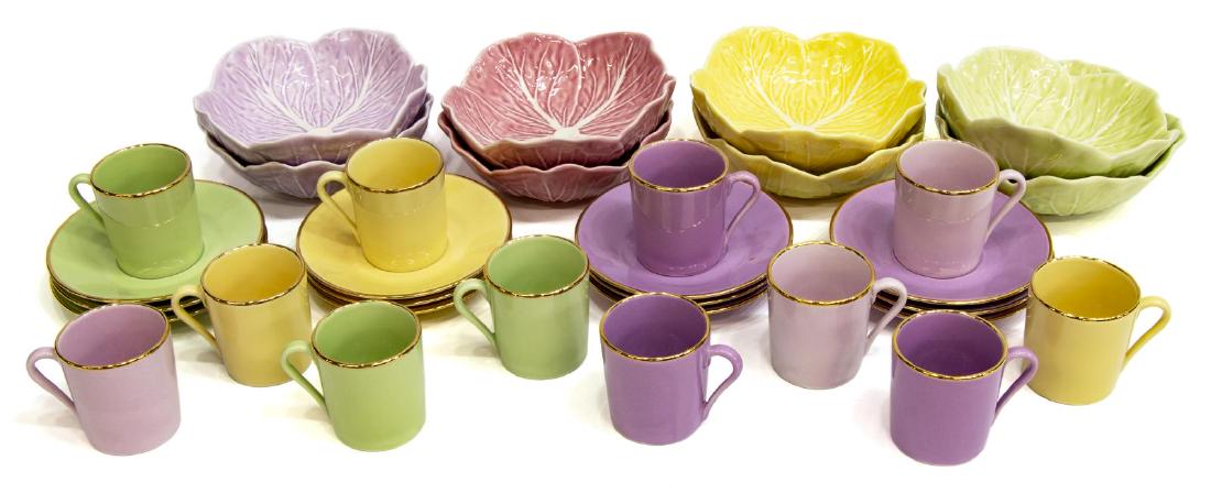 (32) LOT OF PASTEL TABLEWARE, BORDALLO PINHEIRO: (lot of 32) Collection of pastel tableware, including: (8) Portuguese Bordallo Pinheiro naturalistic leaf bowls, in lavender, pink, green, and yellow, 2"h, 5.75"diam, (24 piece) French Apilco porcelai
