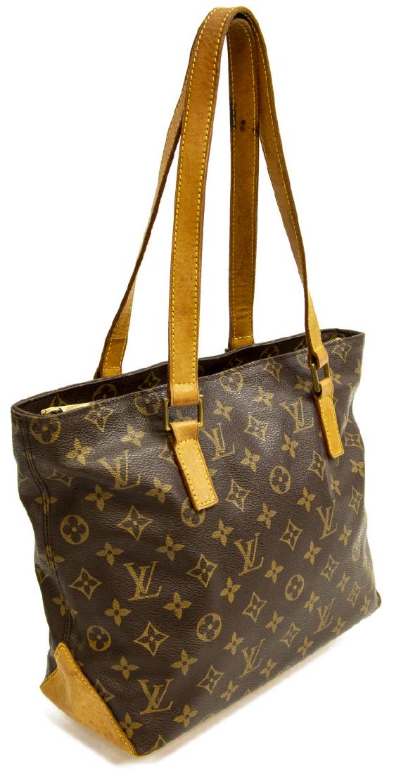 LOUIS VUITTON 'CABAS PIANO' MONOGRAM TOTE BAG: Louis Vuitton "Cabas Piano" tote bag, in brown and tan monogram coated canvas, with brass hardware, tan vachetta leather trim, dual flat shoulder straps, brown canvas lining, zip closure at top, dark 