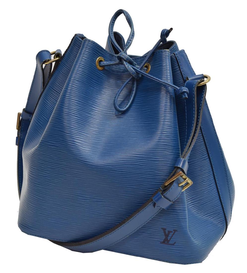 LOUIS VUITTON 'NOE' BLUE EPI LEATHER BUCKET BAG: Louis Vuitton â€œNoeâ€ bucket bag, in blue Epi leather, with brass hardware, adjustable flat shoulder strap, drawstring closure at front face, minor scuffs, creasing, wear to drawstring, bag: m