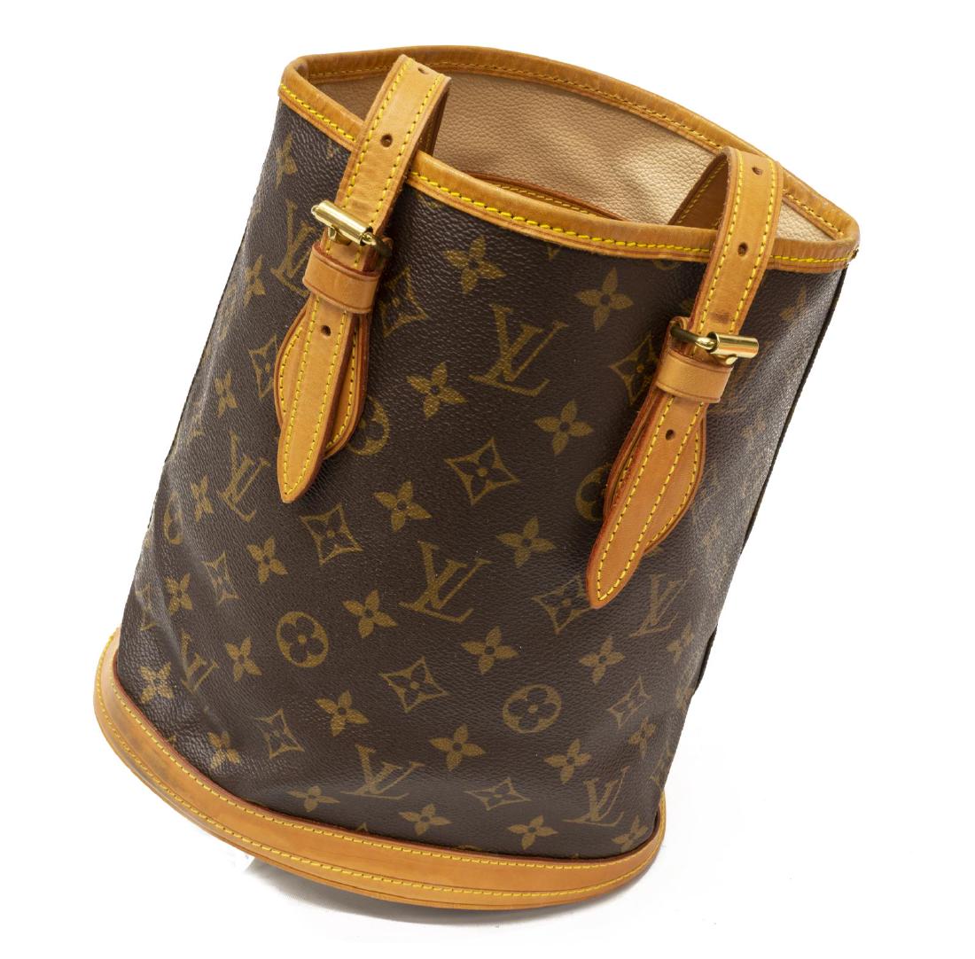 LOUIS VUITTON BUCKET BAG PM MONOGRAM COATED CANVAS: Louis Vuitton bucket bag, size PM, in brown monogram coated canvas, with bronze hardware, tan vachetta leather trim, dual flat handles, brown canvas interior, single interior zip and slit pockets, ope