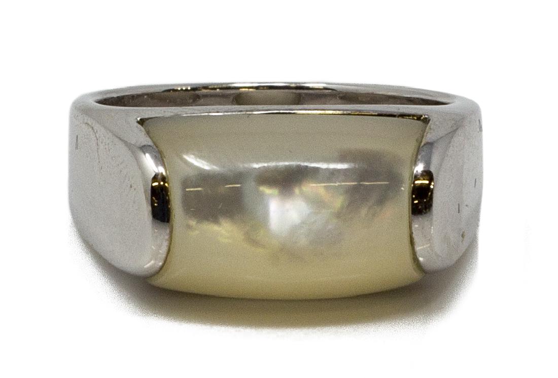 BULGARI 'TRONCHETTO' 18K WHITE GOLD MOONSTONE RING: Ladies Bulgari "Tronchetto" 18kt white gold ring, set with white moonstone at center, approx size 6, 8.3 grams (inclusive of all materials) *Provenance: Luxury goods are offered in partnership with Br