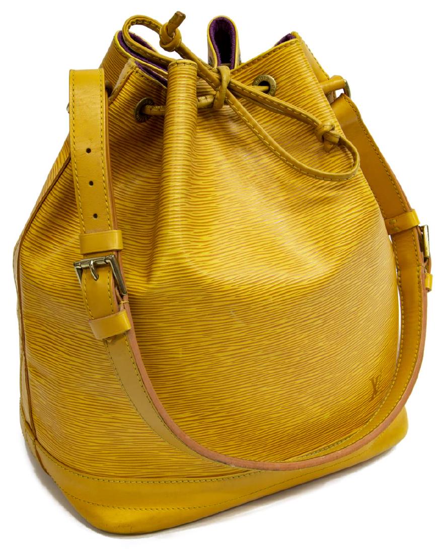 LOUIS VUITTON 'NOE GM' YELLOW EPI LEATHER: Louis Vuitton â€œNoe GMâ€ bucket bag, in yellow Epi leather, with brass hardware, adjustable flat shoulder strap, drawstring closure at front face, creasing, patination, bag: measurements for s