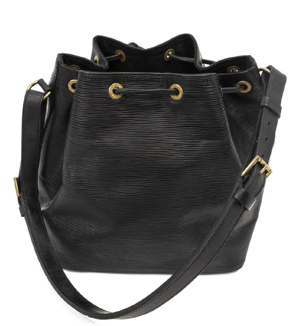 LOUIS VUITTON 'NOE PM' BUCKET BAG EPI LEATHER: Louis Vuitton â€œNoe PMâ€ bucket bag, in black Epi leather, with brass hardware, adjustable flat shoulder strap, drawstring closure at front face, creasing, some wear to handle, interior spotti
