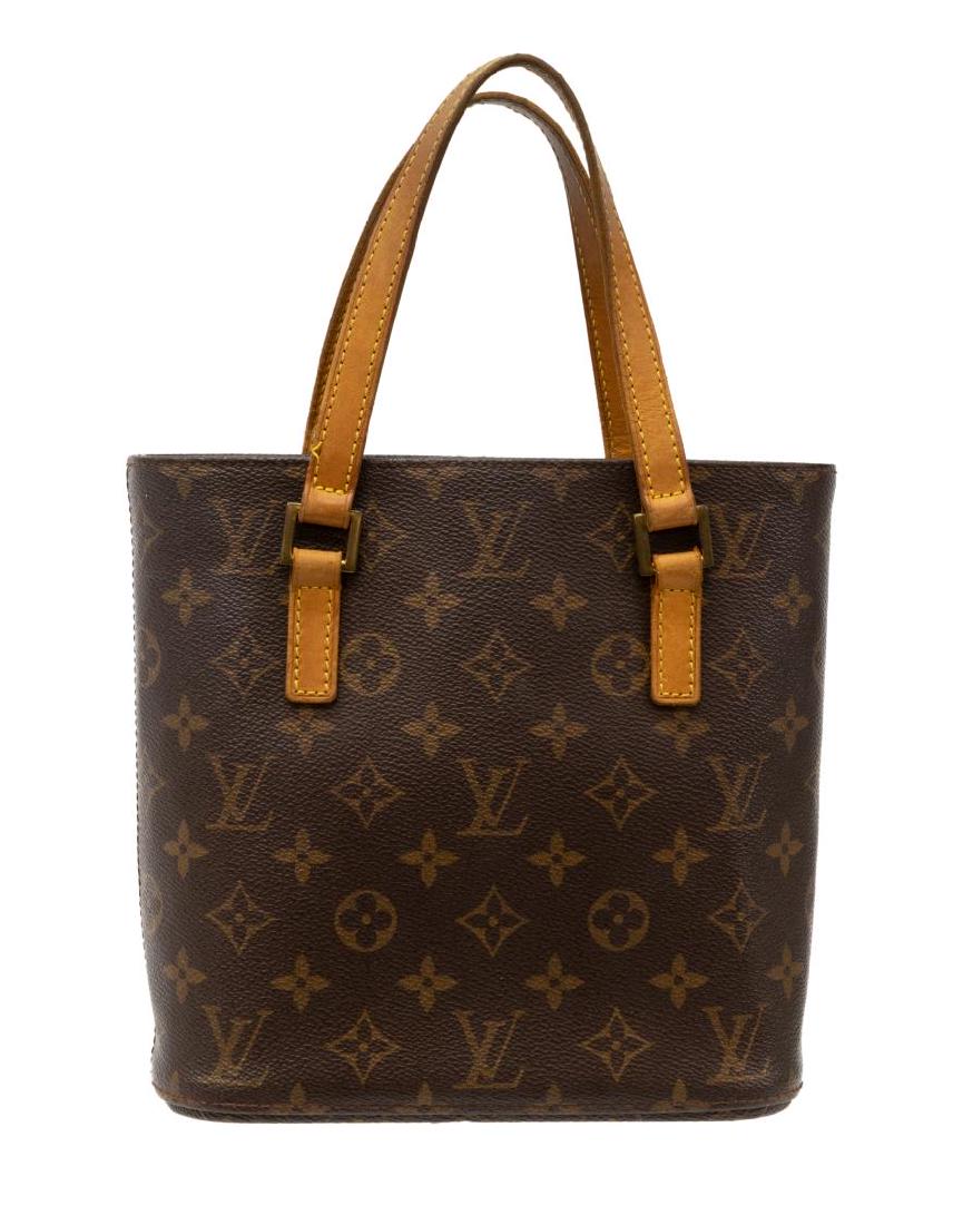 LOUIS VUITTON 'VAVIN PM' MONOGRAM COATED CANVAS: Louis Vuitton "Vavin PM" tote bag, in brown and tan monogram coated canvas, with brass hardware, tan vachetta leather trim, dual flat handles, sectioned interior, brown canvas lining, open top, patina
