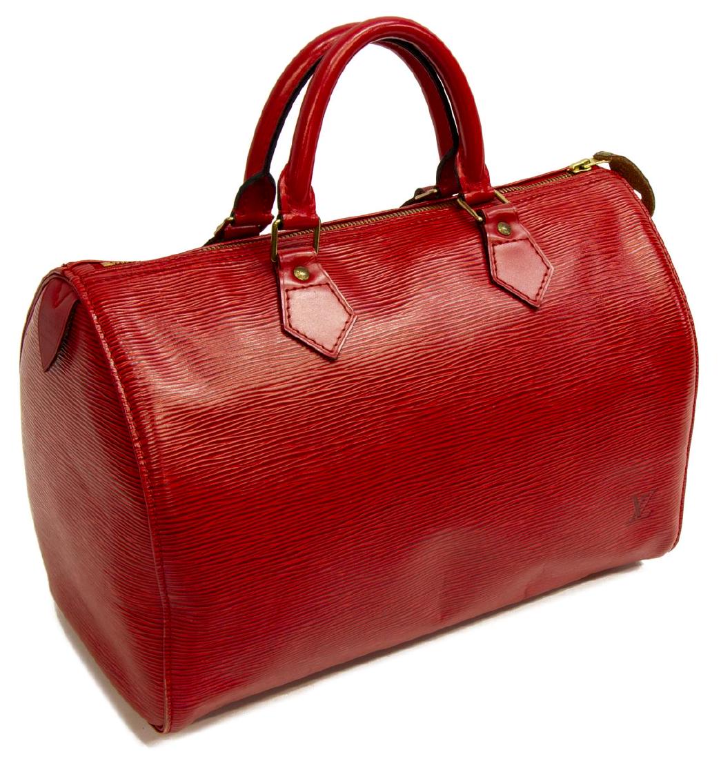 LOUIS VUITTON 'SPEEDY 30' RED EPI LEATHER: Louis Vuitton "Speedy 30â€ handbag, in red Epi leather, with brass hardware, dual rolled handles, zip closure at top, retaining lock and keys, spotting to interior, bag: measurements for shipping p