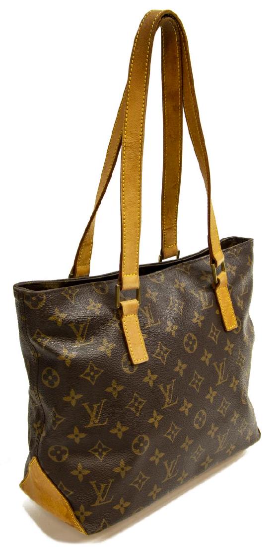 LOUIS VUITTON 'CABAS PIANO' MONOGRAM TOTE BAG: Louis Vuitton "Cabas Piano" tote bag, in brown and tan monogram coated canvas, with brass hardware, tan vachetta leather trim, dual flat shoulder straps, brown canvas lining, zip closure at top, spott
