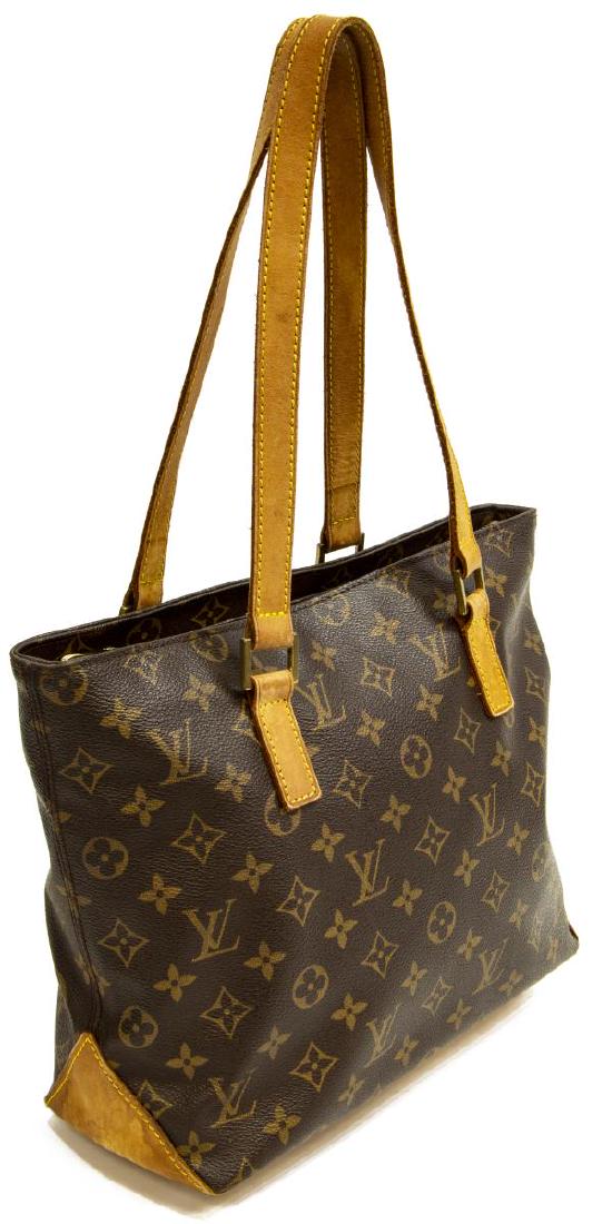 LOUIS VUITTON 'CABAS PIANO' MONOGRAM TOTE BAG: Louis Vuitton "Cabas Piano" tote bag, in brown and tan monogram coated canvas, with brass hardware, tan vachetta leather trim, dual flat shoulder straps, brown canvas lining, zip closure at top, spott