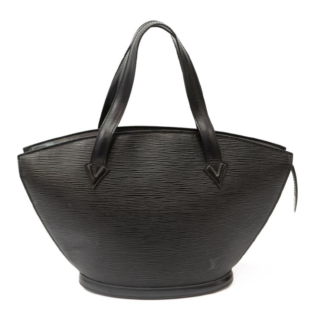 LOUIS VUITTON 'ST. JACQUES' BLACK EPI LEATHER: Louis Vuitton "St. Jacques" handbag, in black Epi leather, with brass hardware, dual flat handles, zip closure at top, creasing, spotting to interior, bag: measurements for shipping purposes only - ap