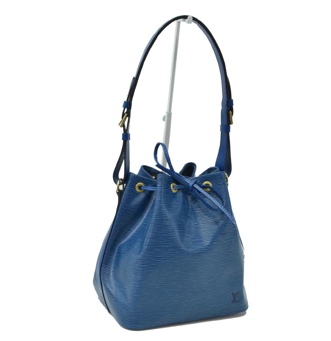 LOUIS VUITTON 'NOE PM' BLUE EPI LEATHER BUCKET BAG: Louis Vuitton â€œNoe PMâ€ bucket bag, in blue Epi leather, with brass hardware, adjustable flat shoulder strap, drawstring closure at front face, bag: measurements for shipping purposes only - 