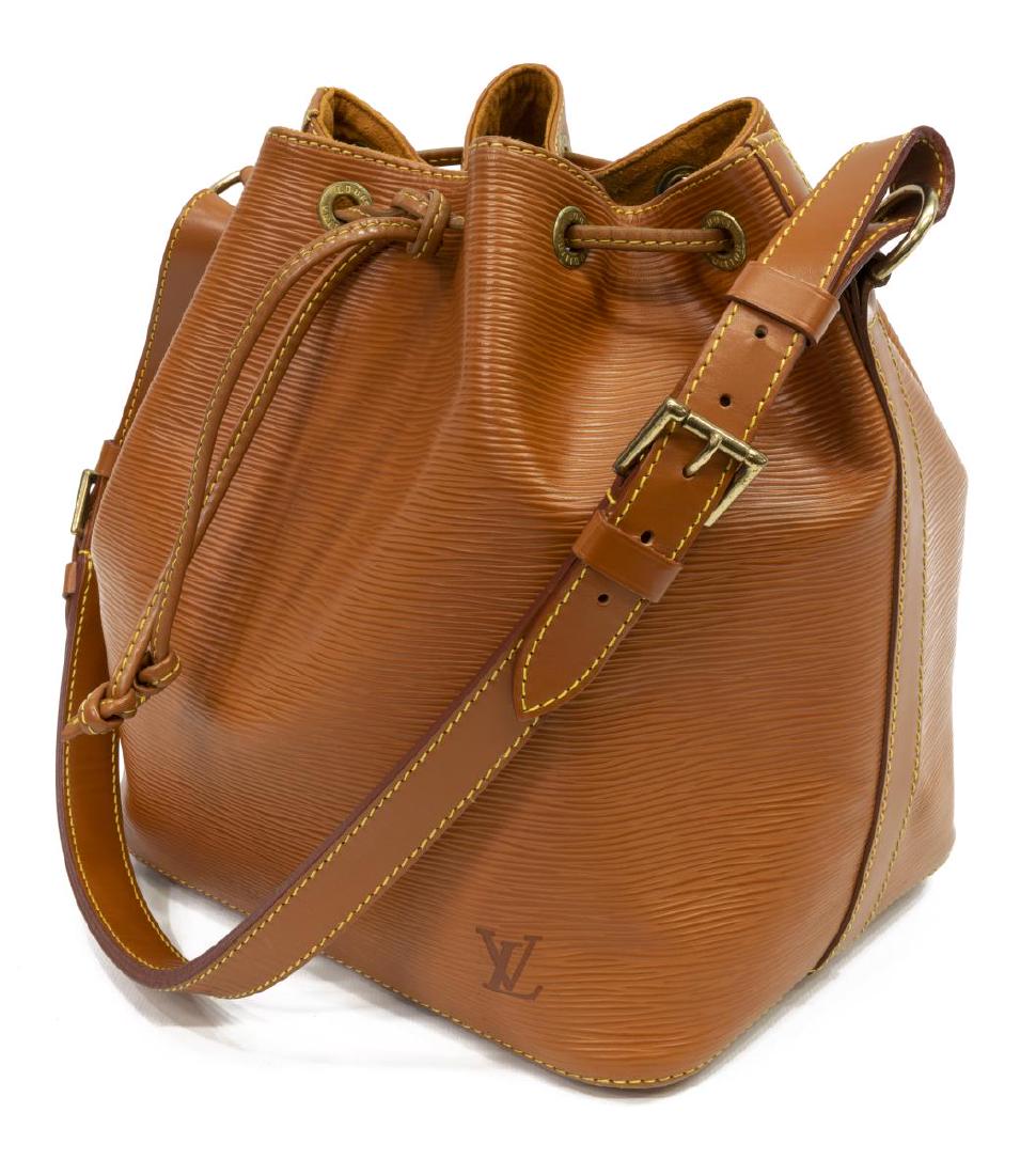 LOUIS VUITTON 'NOE PM' BUCKET BAG EPI LEATHER: Louis Vuitton â€œNoe PMâ€ bucket bag, in gold Epi leather, with brass hardware, adjustable flat shoulder strap, drawstring closure at front face, retaining dustbag, exterior spotting and wear, 