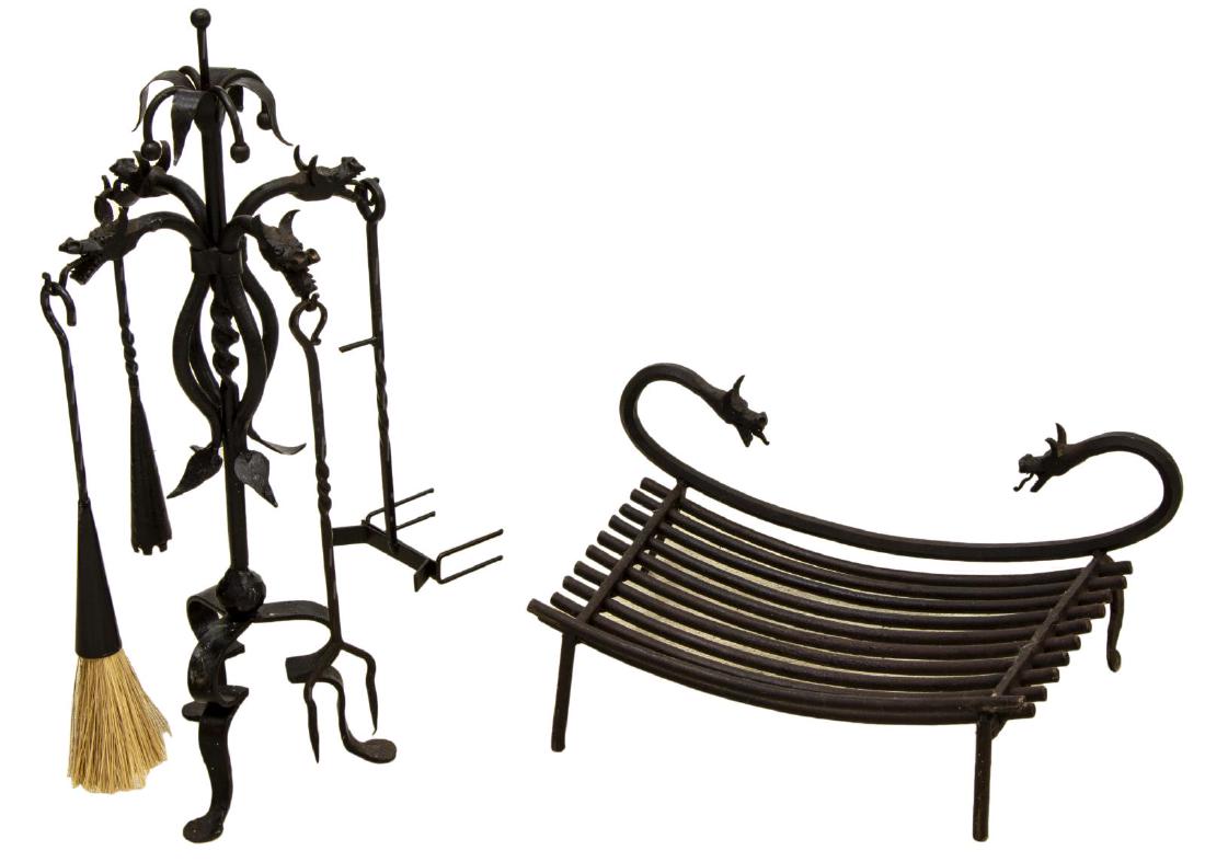 SPANISH GAUDI STYLE IRON DRAGON FIREPLACE SET (1 of 3)