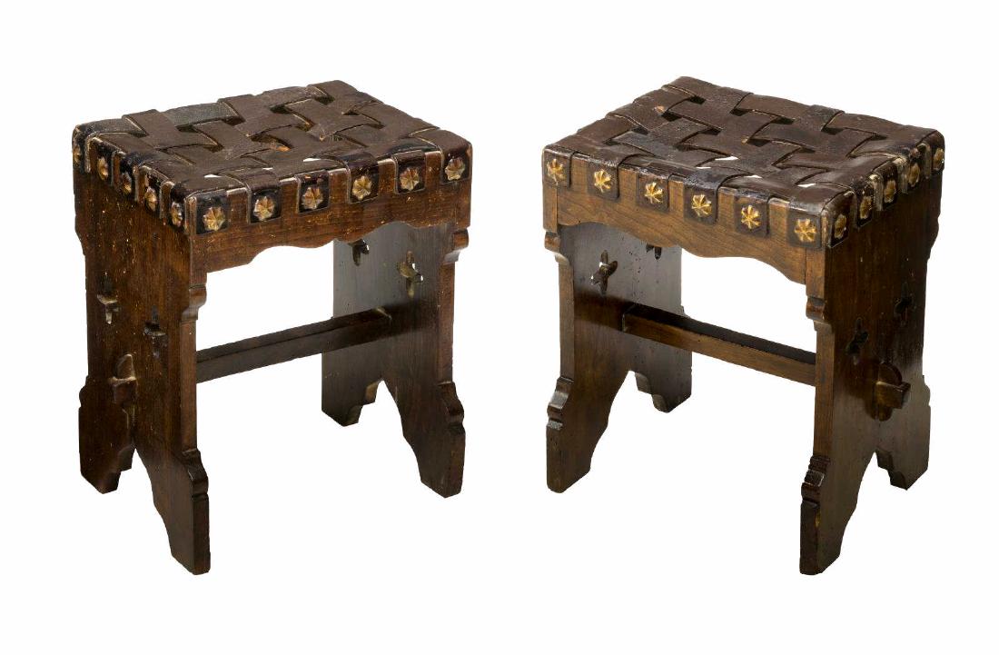 (2) SPANISH WOVEN LEATHER & CARVED STOOLS (1 of 2)
