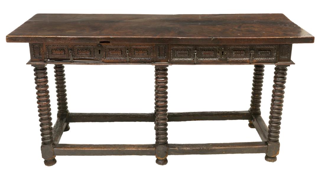 SPANISH SINGLE BOARD TOP CARVED WORK TABLE 18THC. (1 of 2)