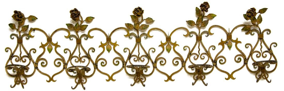 PAINTED WROUGHT IRON ROSE HAT OR COAT RACK: Wrought iron rose hat/ coat rack, 20th c., having scrolled iron back, fitted with five hooks, remnants of polychrome paint, approx 12.75"h, 43"w, 3.75"d, 7lbs Start Price: $100.00