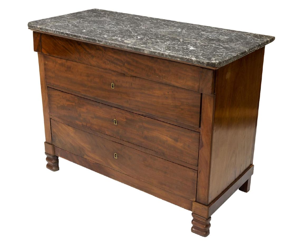 FRENCH LOUIS PHILIPPE MARBLE-TOP MAHOGANY COMMODE: French Louis Philippe commode, 19th c., having marble top, over mahogany case, fitted with four drawers, rising on shaped legs, approx 33.5"h, 45"w, 21.5"d Start Price: $400.00