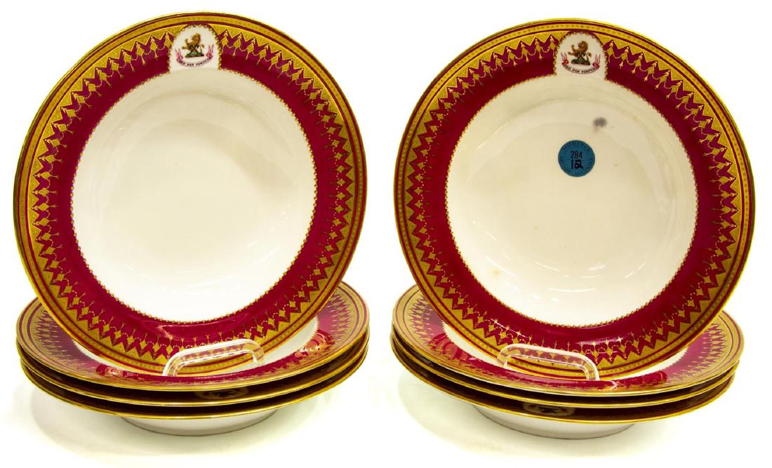 (8) MINTON ARMORIAN BOWLS, GILT, RED & WHITE: (lot of 8) Minton armorial bowls, gilt and red rims with a coat of arms depicting a standing lion with cross axes over a banner "Deo Non Fortuna" (From God Not From Luck), the back with impress Minton