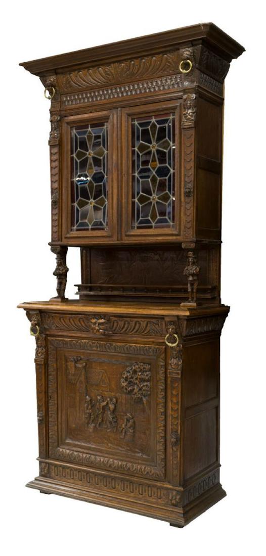 FRENCH HENRI II STYLE STAINED GLASS OAK BUFFET (1 of 5)