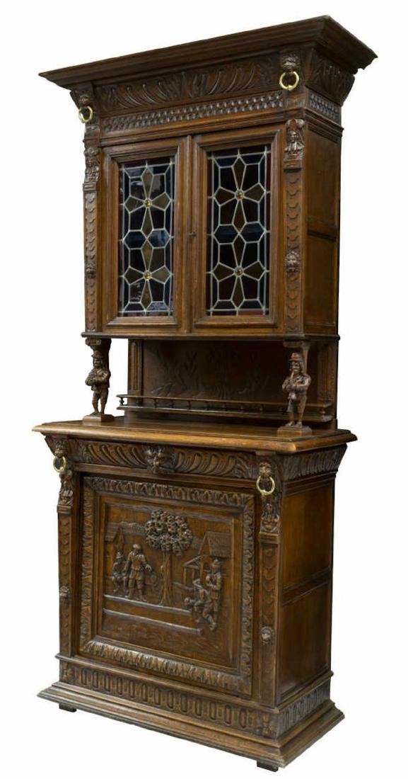 FRENCH HENRI II STYLE STAINED GLASS OAK BUFFET (1 of 5)