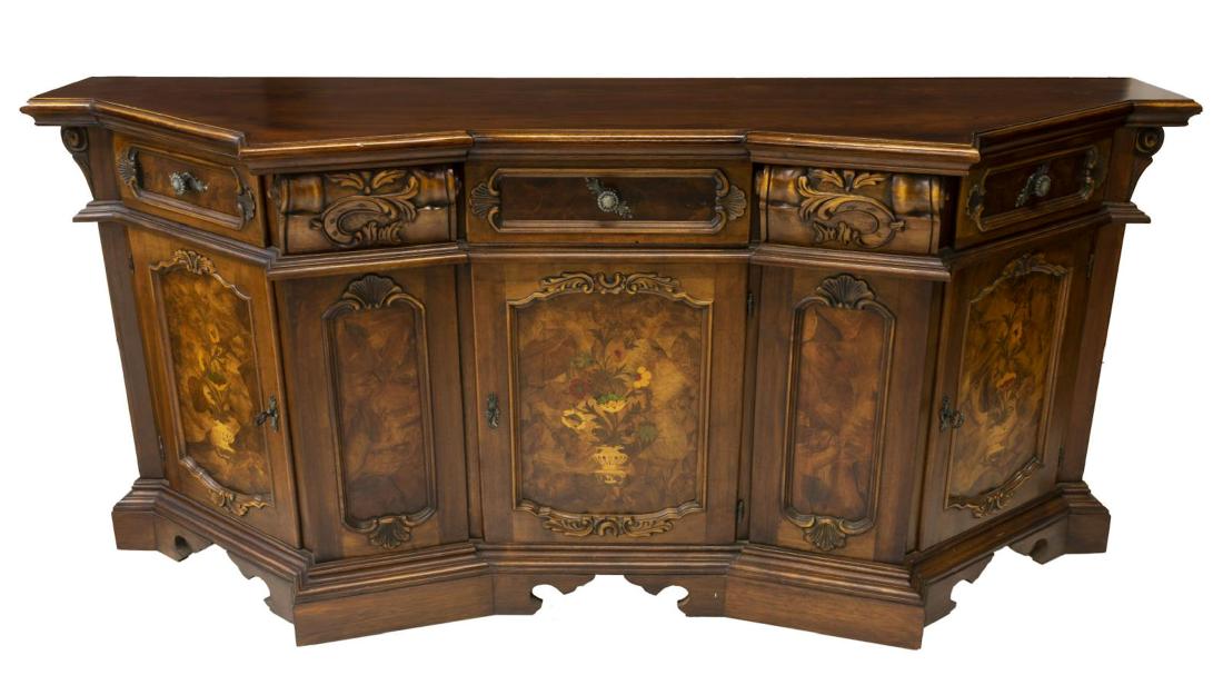 VINTAGE ITALIAN FLORAL MARQUETRY SIDEBOARD: Vintage Italian marquetry sideboard, 20thc., the shaped top over conforming case with colorful inlay of urns and flowering plants, three doors above cabinet doors, floriform pulls, approx 39"h, 85"l,