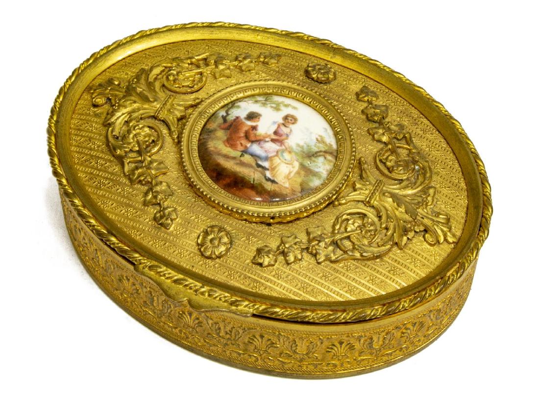 DIMINUTIVE ORNATE GILT METAL & PORCELAIN TABLE BOX (1 of 3)