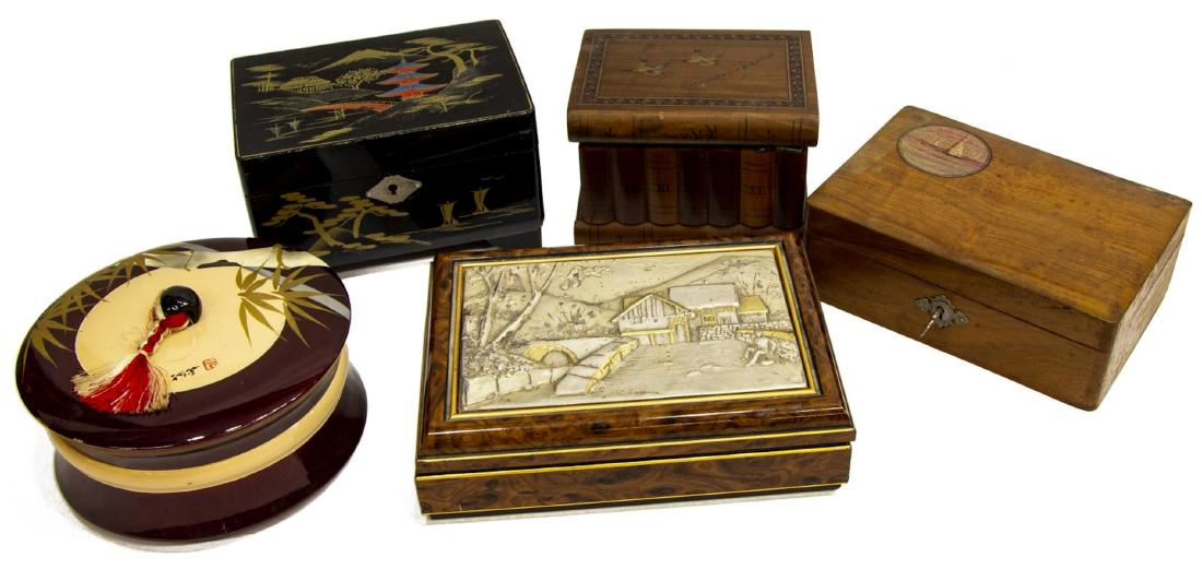 (5) COLLECTION OF DECORATIVE BOXES, MUSIC BOX: (lot of 5) Decorative boxes, highlights include: (1) hinged-top box, with silver plaque depicting village scene in relief, initialed P.R. and signed "Emyl Sere," marked with Italian silver hallmarks,