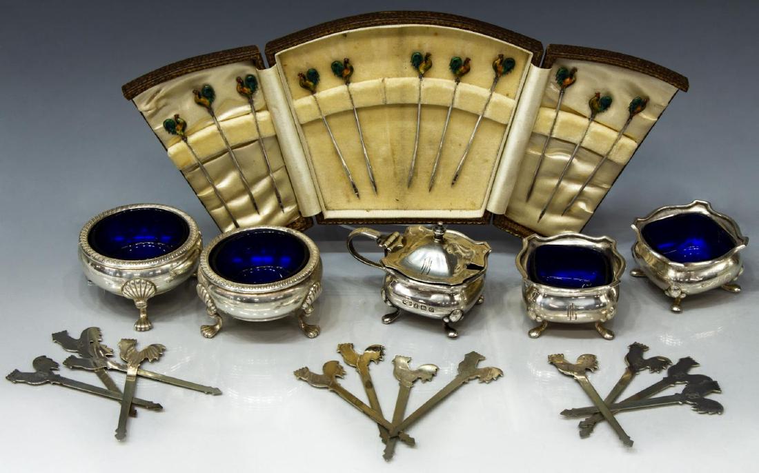 (LOT) STERLING ENAMEL ROOSTER PICKS & SILVER SALTS (1 of 9)