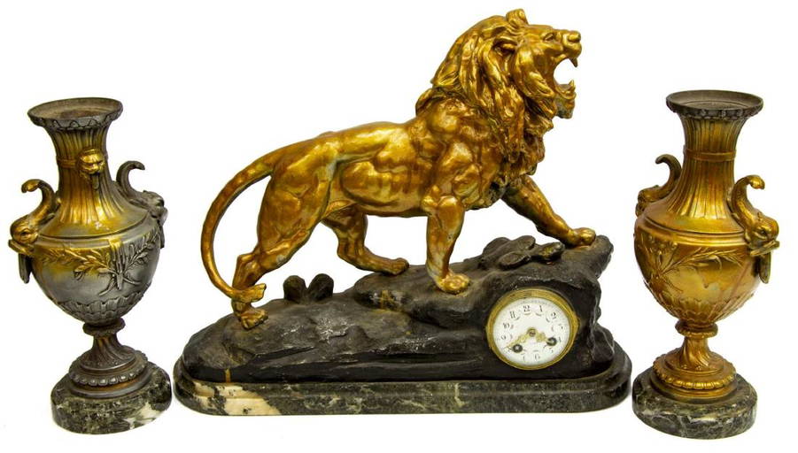 (3) FRENCH "SOCIETE CLUSIENNE" LION MANTEL CLOCK Sep 23, 2018
