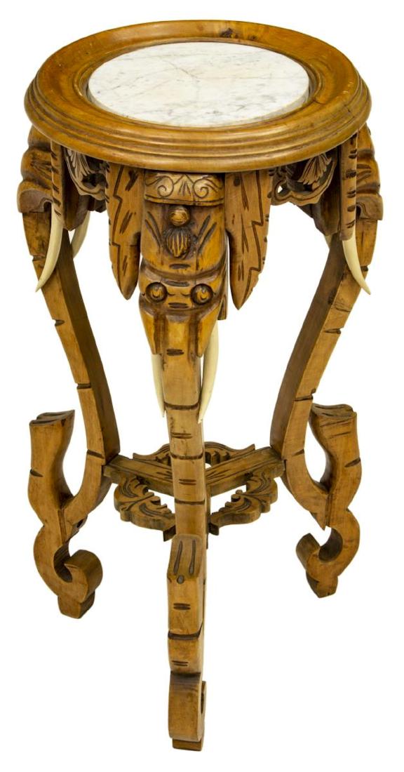 CARVED ELEPHANT HEAD MARBLE TOP SIDE TABLE, INDIA (1 of 3)