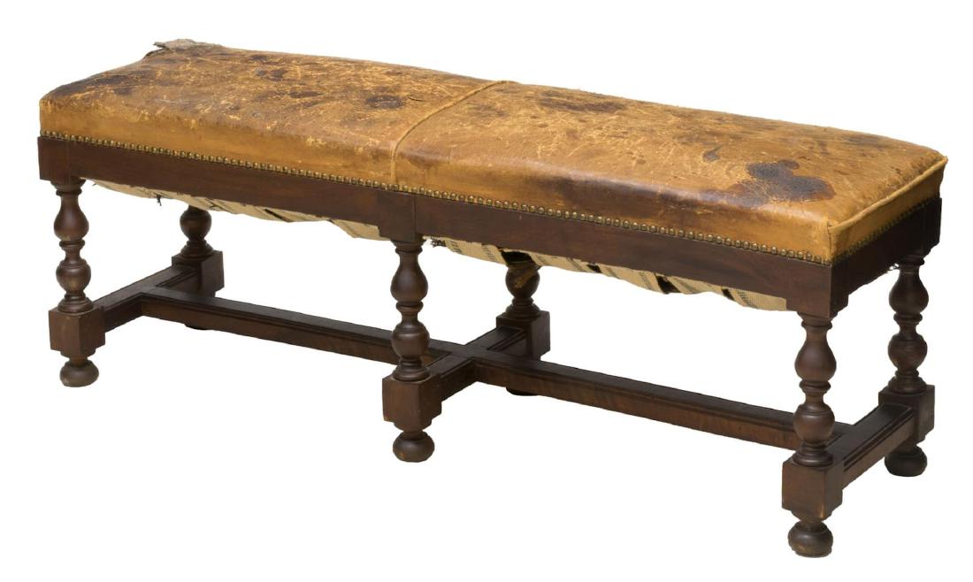 ANTIQUE SPANISH LEATHER & TURNED WALNUT BENCH (1 of 3)