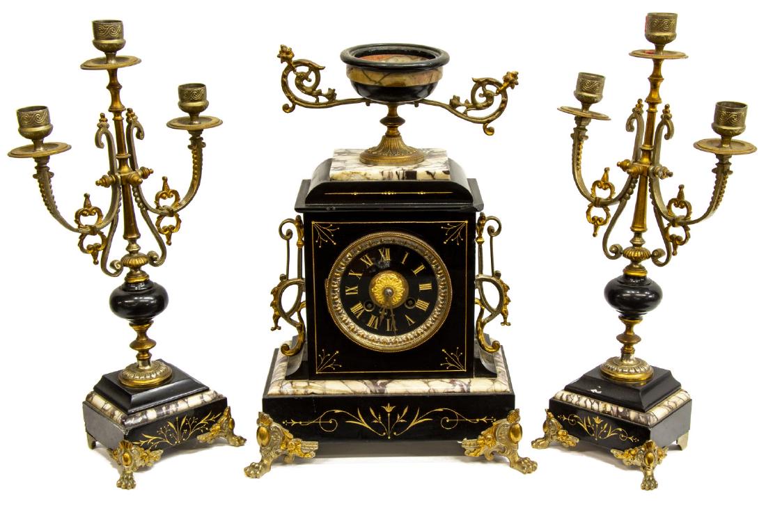 (3) FRENCH MARBLE & GILT METAL MANTEL CLOCK SET (1 of 6)
