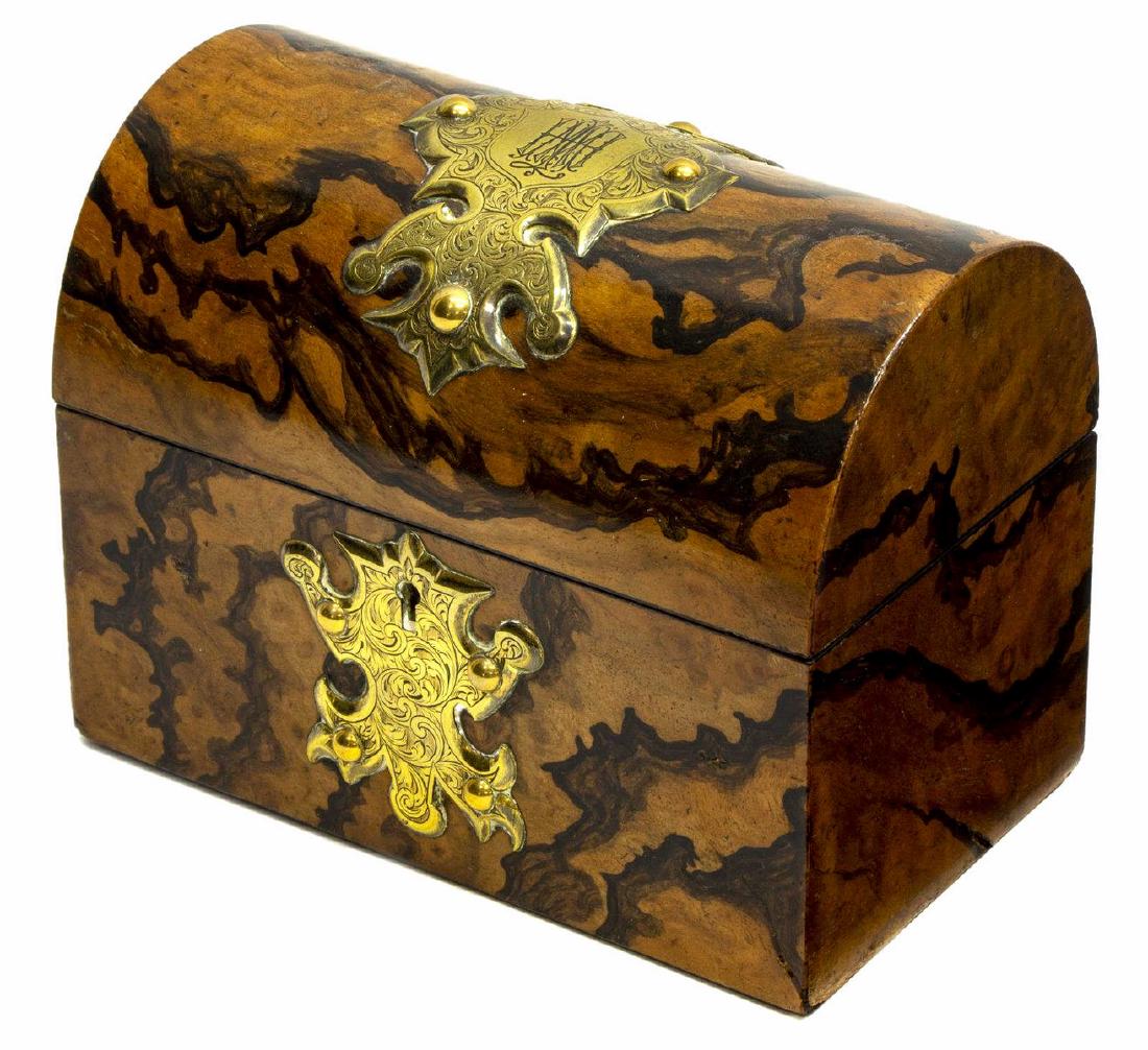 ENGLISH FIGURED WALNUT & GILT BRASS FITTED BOX (1 of 5)