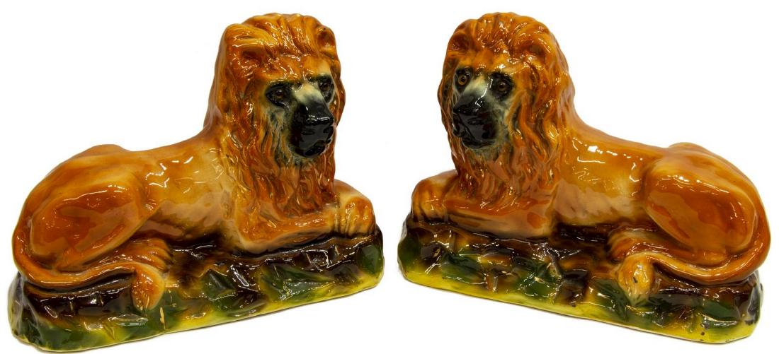 (PAIR) ENGLISH STAFFORDSHIRE LION MANTEL FIGURES (1 of 3)
