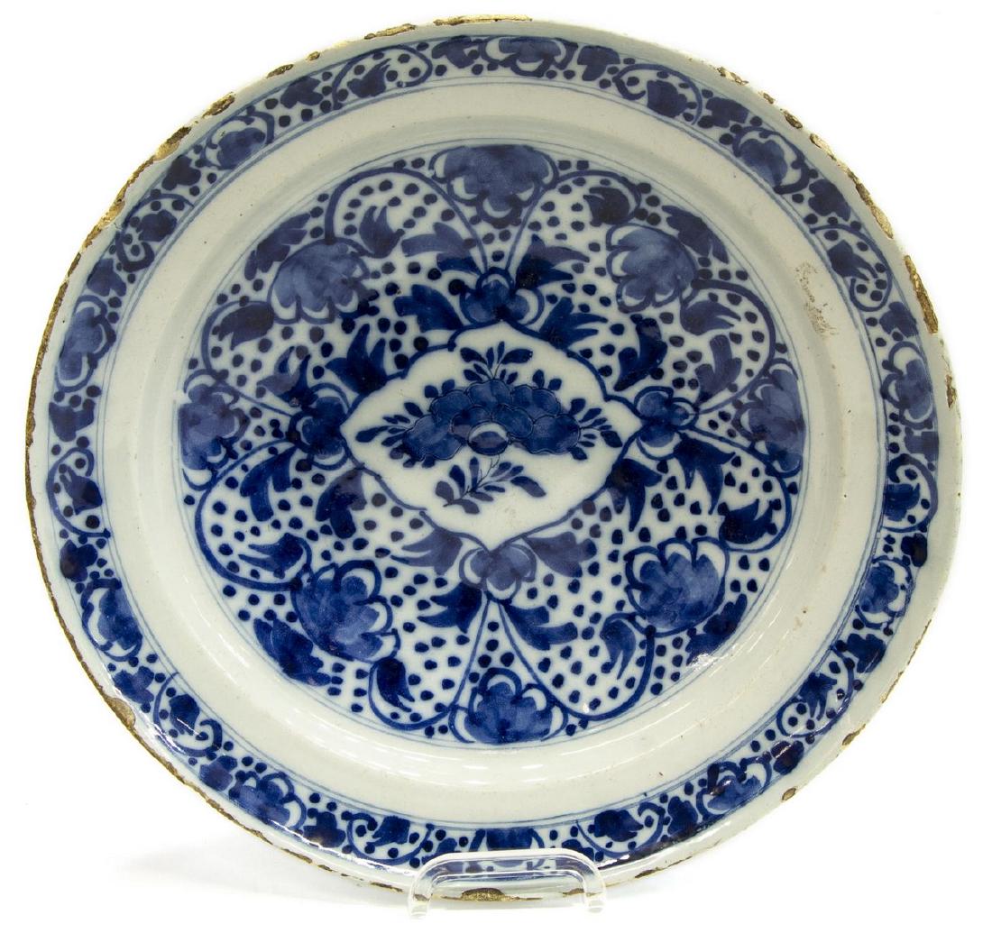 DELFT BLUE & WHITE FLORAL PLATE CHARGER, 18TH C. (1 of 2)
