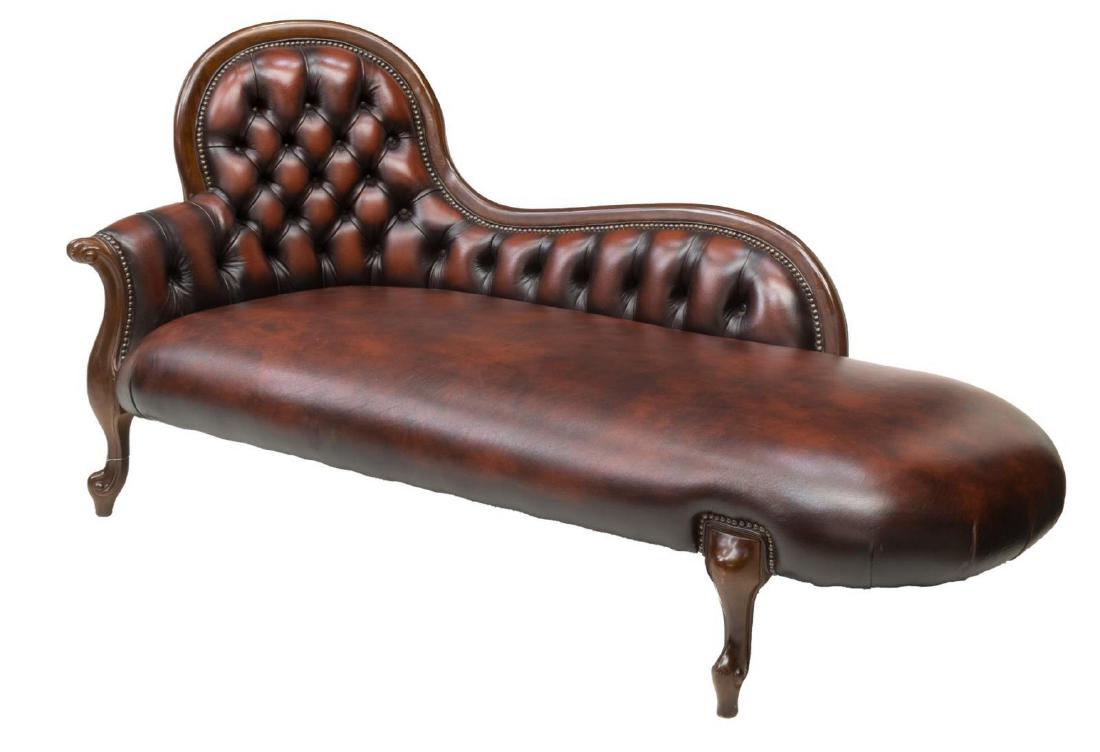 ENGLISH BUTTON-TUFTED OXBLOOD LEATHER CHAISE (1 of 3)