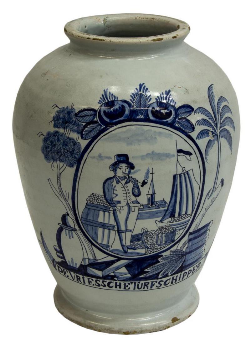 DELFT BLUE & WHITE POTTERY TOBACCO JAR, 19TH C. (1 of 3)