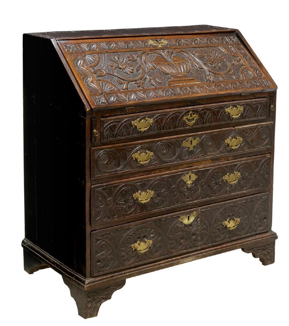 ENGLISH CARVED OAK FALL FRONT BUREAU (1 of 4)