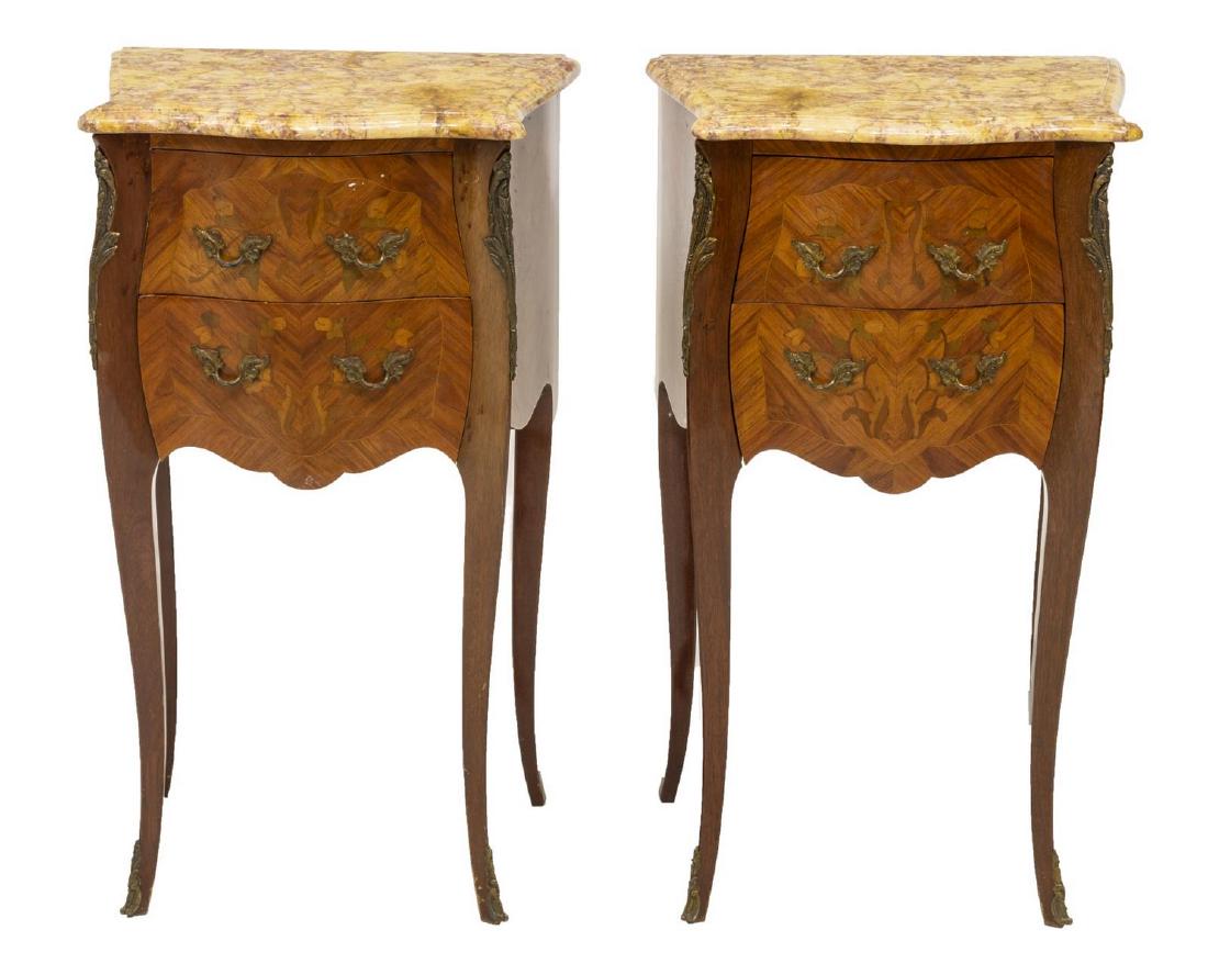 (2) FRENCH LOUIS XV STYLE MARBLE TOP NIGHTSTANDS: (pair) French Louis XV style nightstands, 20th c., having shaped marble top, case with cast metal mounts and contrasting floral marquetry, fitted with two drawers, rising on slim legs, approx 29.75"h,