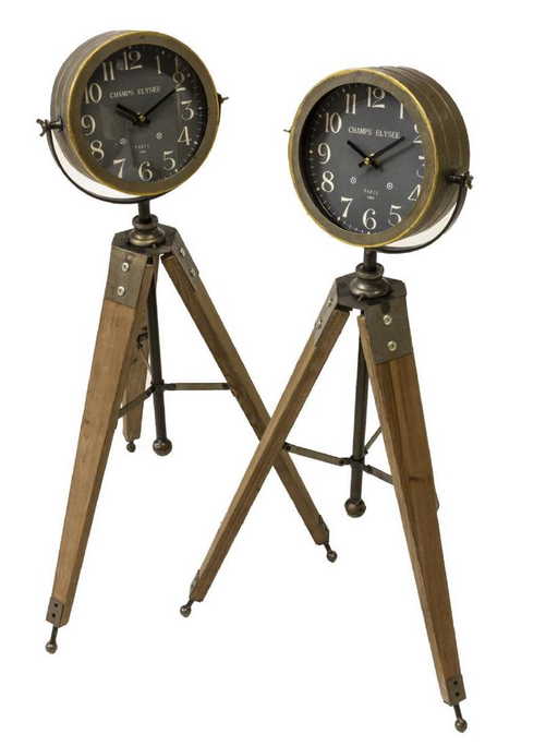 (2) MODERN TABLE CLOCKS ON FOLDING TRIPOD STANDS