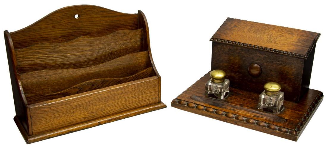 (2) ENGLISH OAK DESK STAND & INKWELL & LETTER BOX (1 of 2)