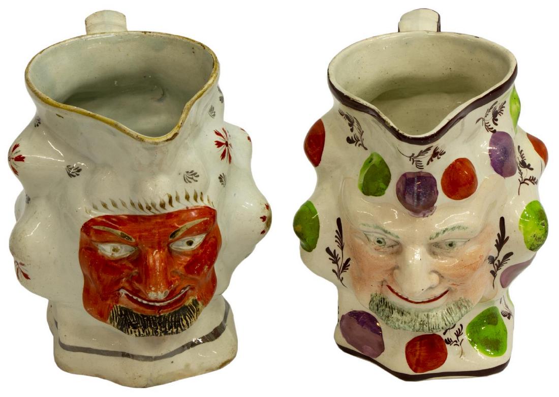 (2) ENGLISH PEARLWARE BACCHUS FACE PITCHERS JUGS (1 of 4)