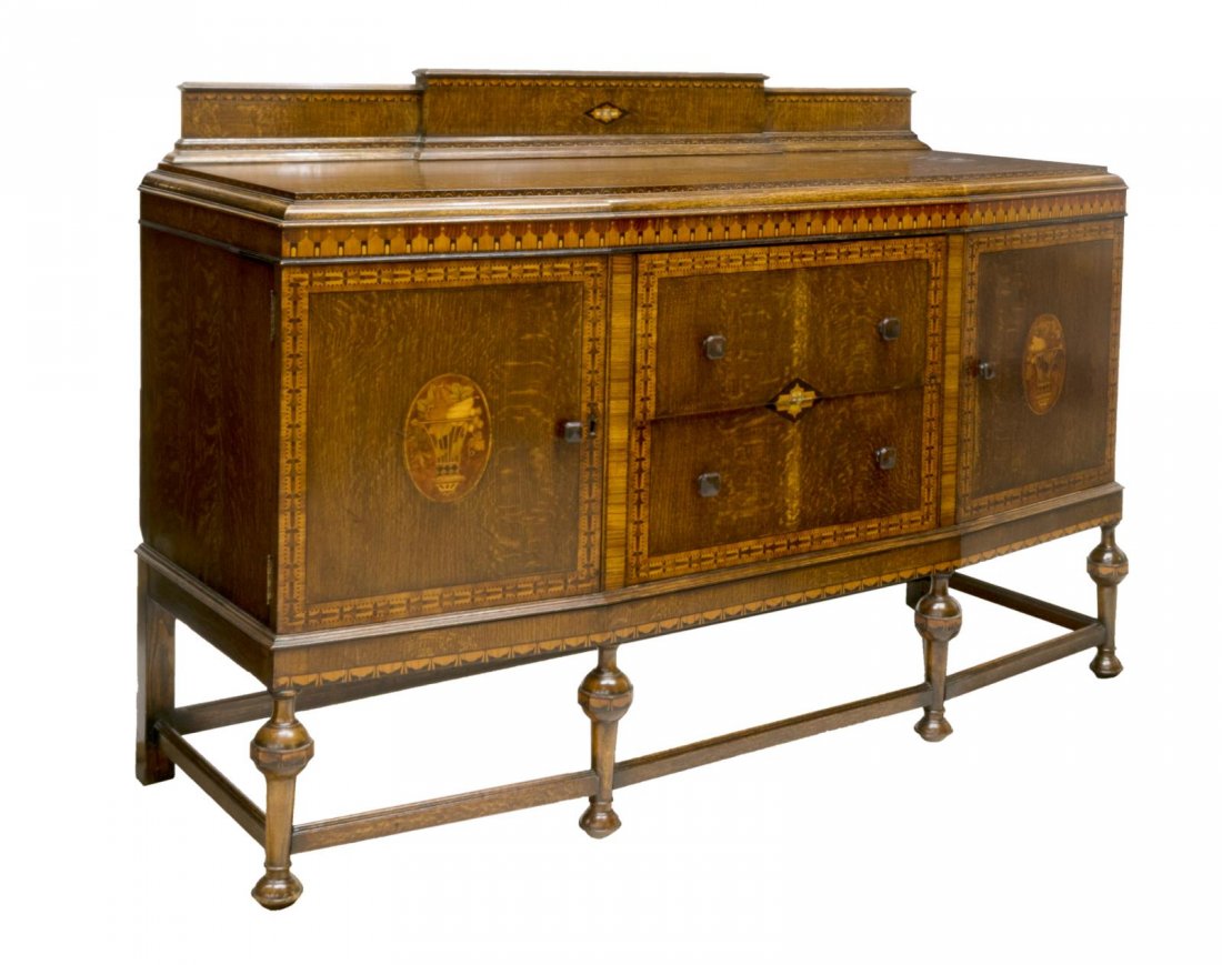 ENGLISH FLORAL MARQUETRY INLAID OAK SIDEBOARD (1 of 5)