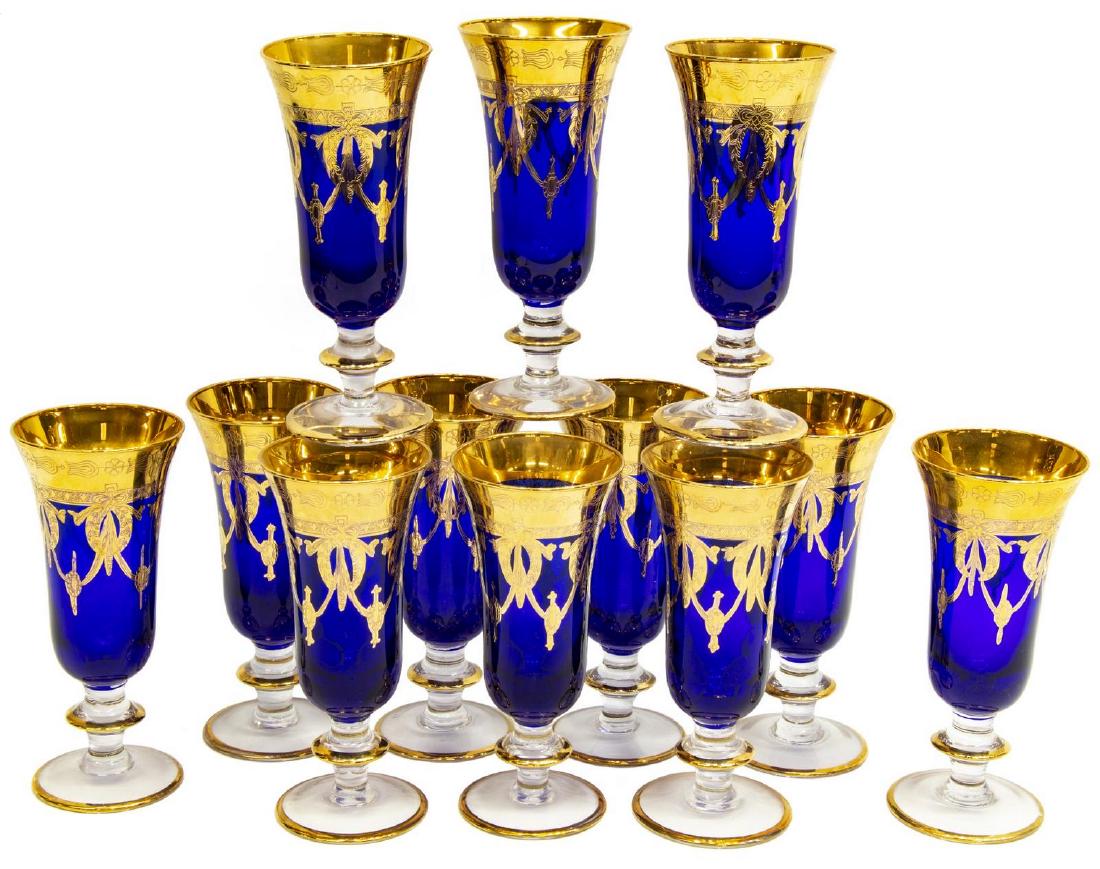 (12) MURANO ETCHED GILT COBALT CHAMPAGNE FLUTES (1 of 2)