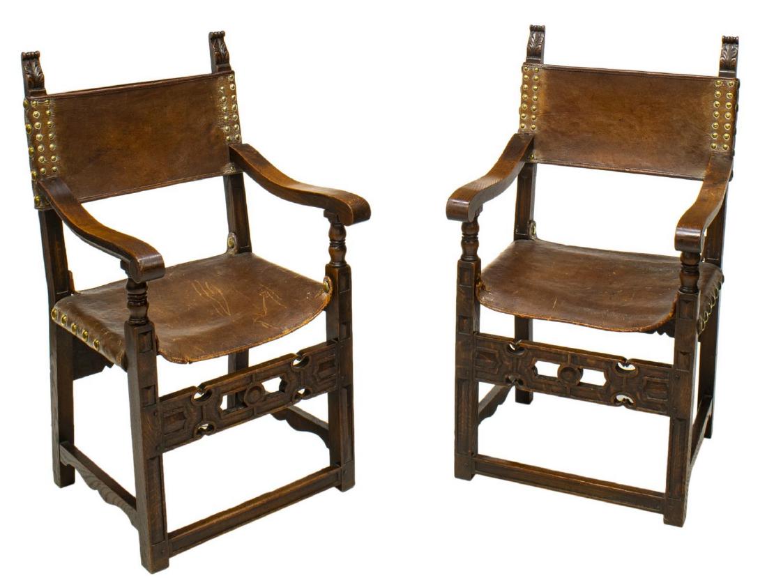 (PAIR) SPANISH BAROQUE STYLE OAK ARMCHAIRS (1 of 2)