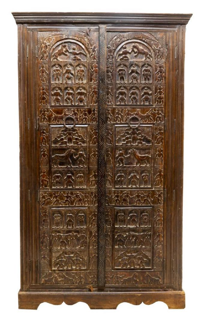 HEAVILY CARVED INDIA ARCHITECTURAL PANEL ARMOIRE (1 of 3)