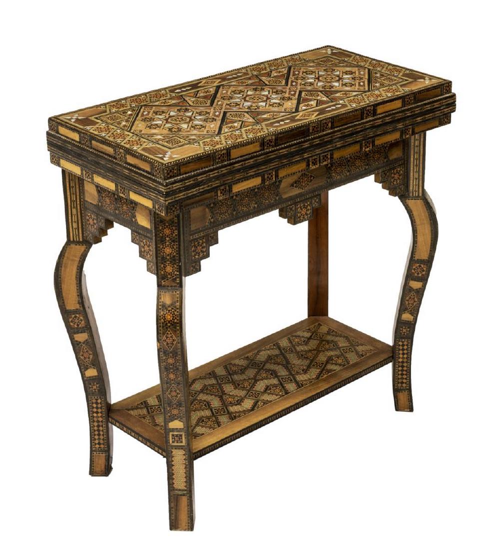 SYRIAN PARQUETRY INLAID BACKGAMMON GAMES TABLE: Games table, likely Syrian, fine geometric parquetry further inlaid with mother of pearl, hinged top opening to the felt card top, interior with chess/ checkers and backgammon boards, over stepped apr