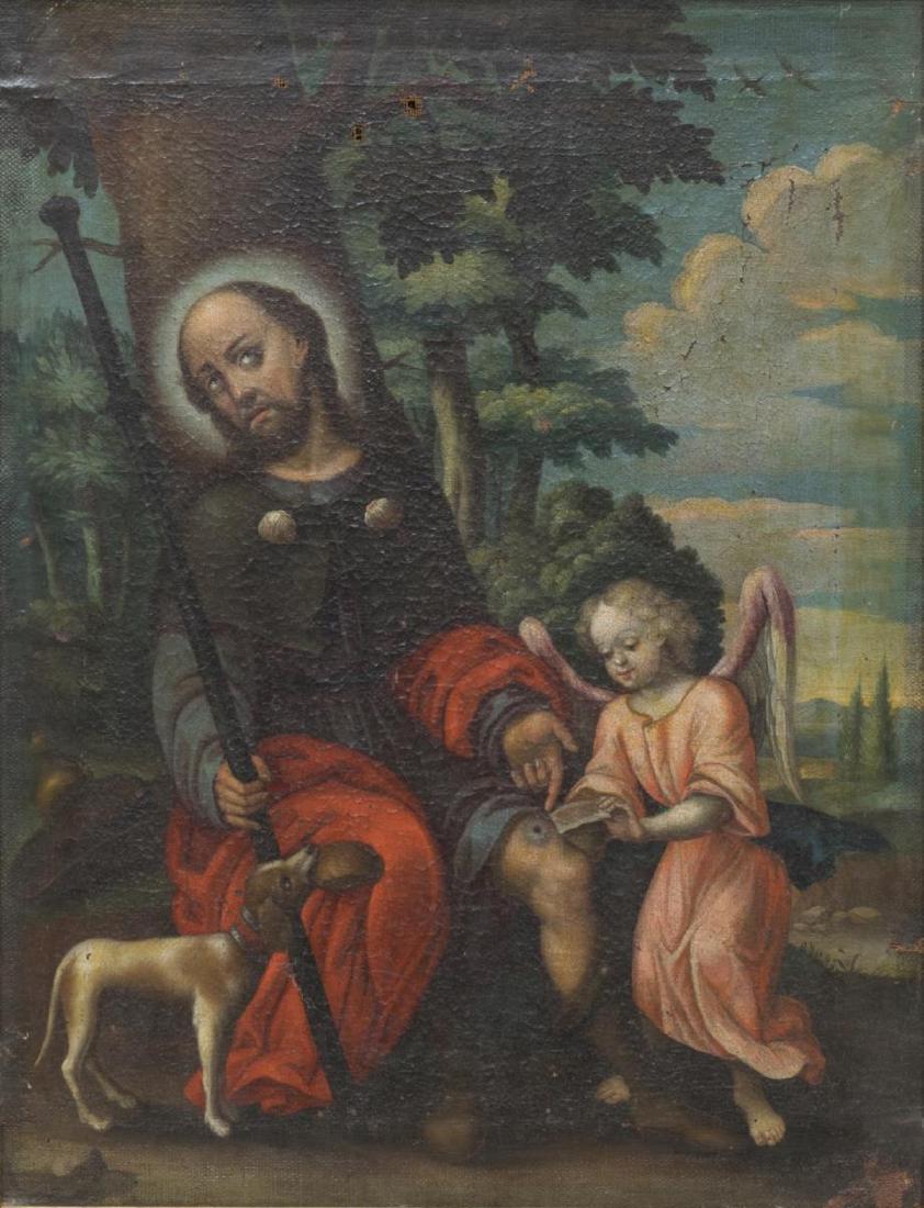 RELIGIOUS OIL ON CANVAS PAINTING ST. ROCH, 18TH C.: Continental framed religious oil on canvas painting, 18th c., depicting a seated Saint Roch, in blue and red robes, revealing plague wound on his thigh, with an attendant winged angel and dog, craquel