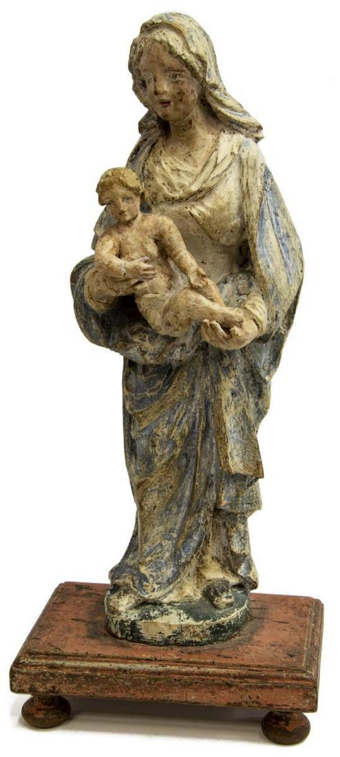 17THC SPAIN FIGURAL GROUP, MADONNA & CHRIST CHILD: Carved wood religious figure, Spain, late 17thc., Madonna and The Christ Child, the robed figure standing upon a rectangular base, on raised bun feet, retaining remnants of original paint, restoration